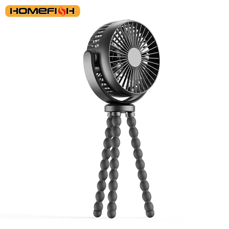 HOMEFISH F2 automatic shake head fan with LED light and removable bracket mounted on a pram