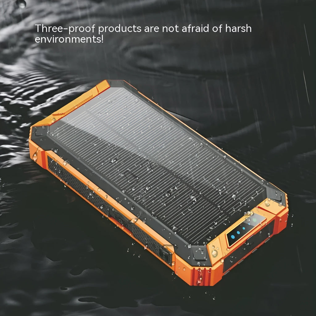 Solar wireless power bank in orange black, 173 x 89 x 28mm plastic shell, 10000mAh or 20000mAh capacity