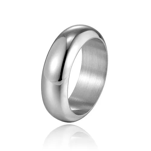 Glossy electroplated titanium steel ring shown in gold, black, and steel colour options.