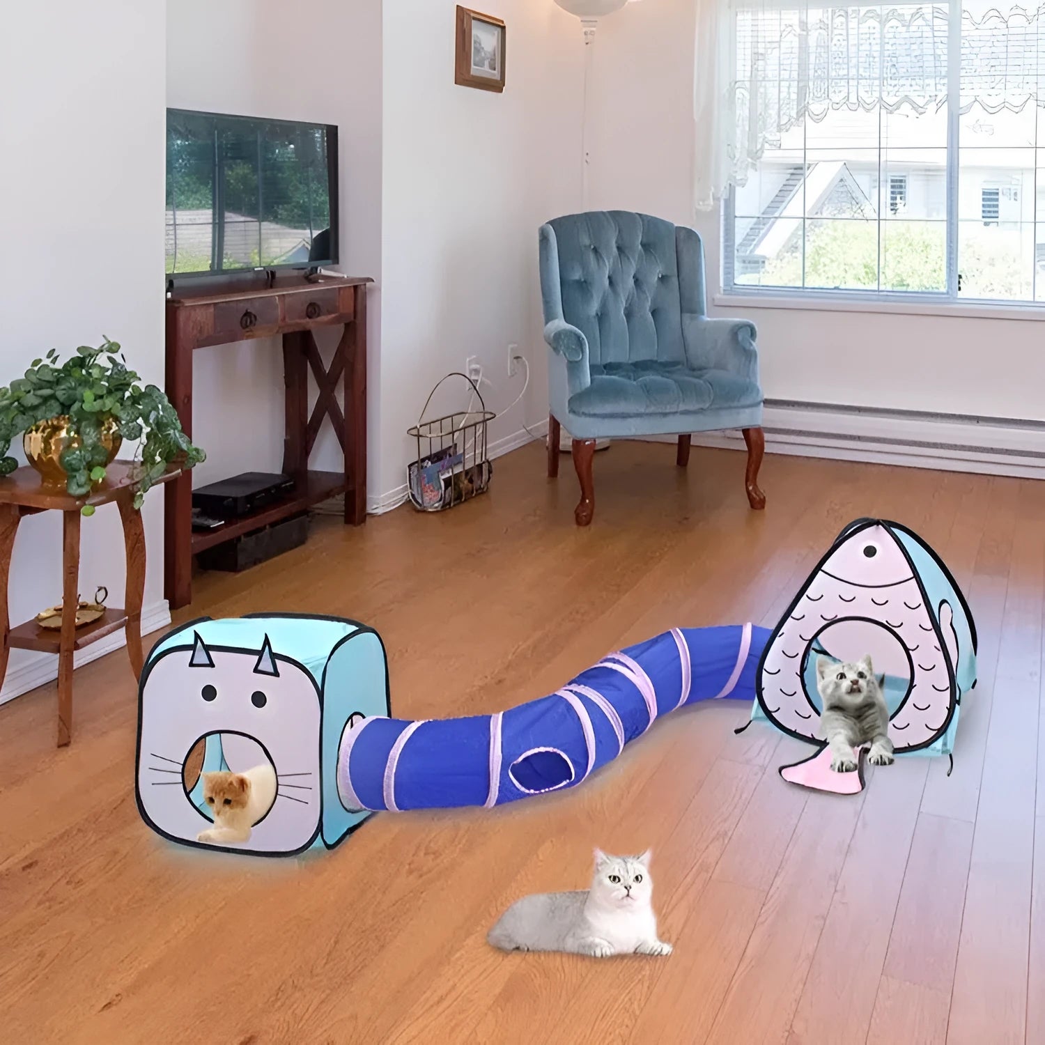 Foldable pet tent cat tunnel with cat and fish design in blue, white and orange colours