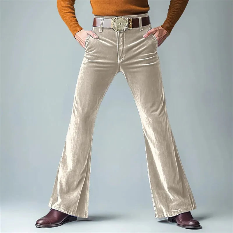 Men's slim flared suit pants in gold velvet fabric with lightweight business styling