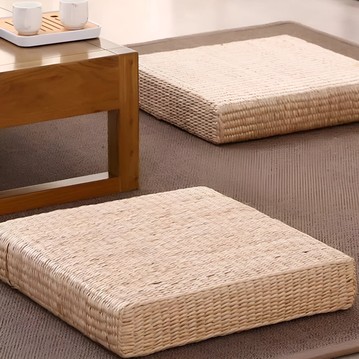 Natural rush square futon sofa cushion with hard rubber-plastic core in 40cm, 45cm or 50cm size
