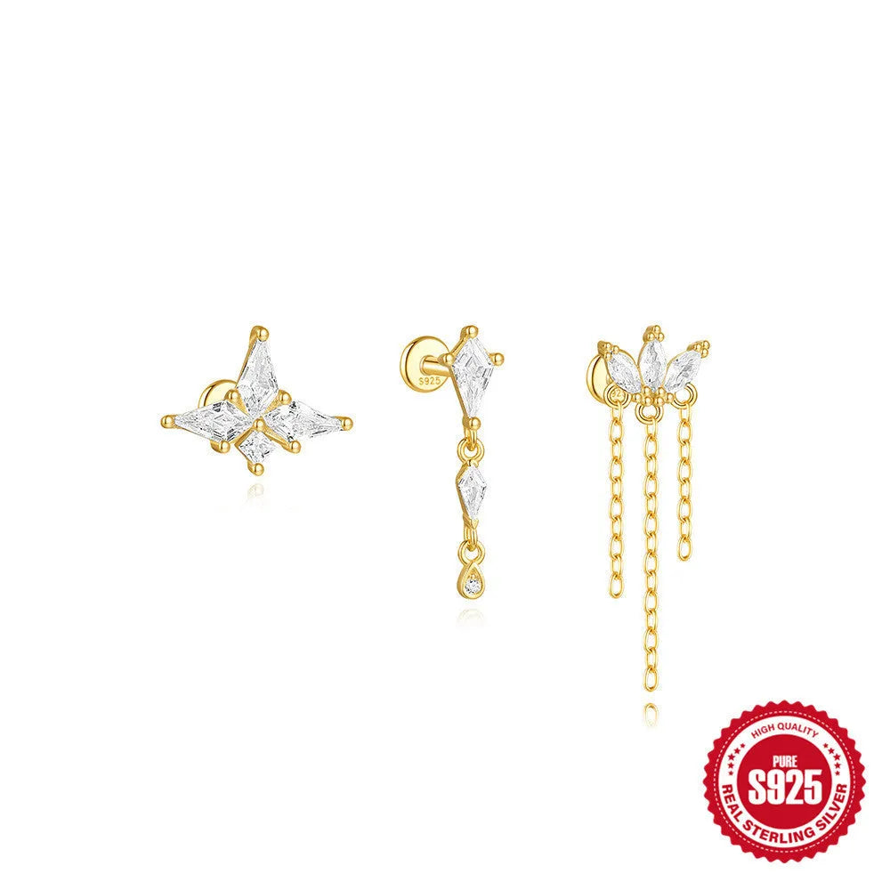 Sterling silver geometric kite earring with gold-plated finish and a rhinestone chain tassel.