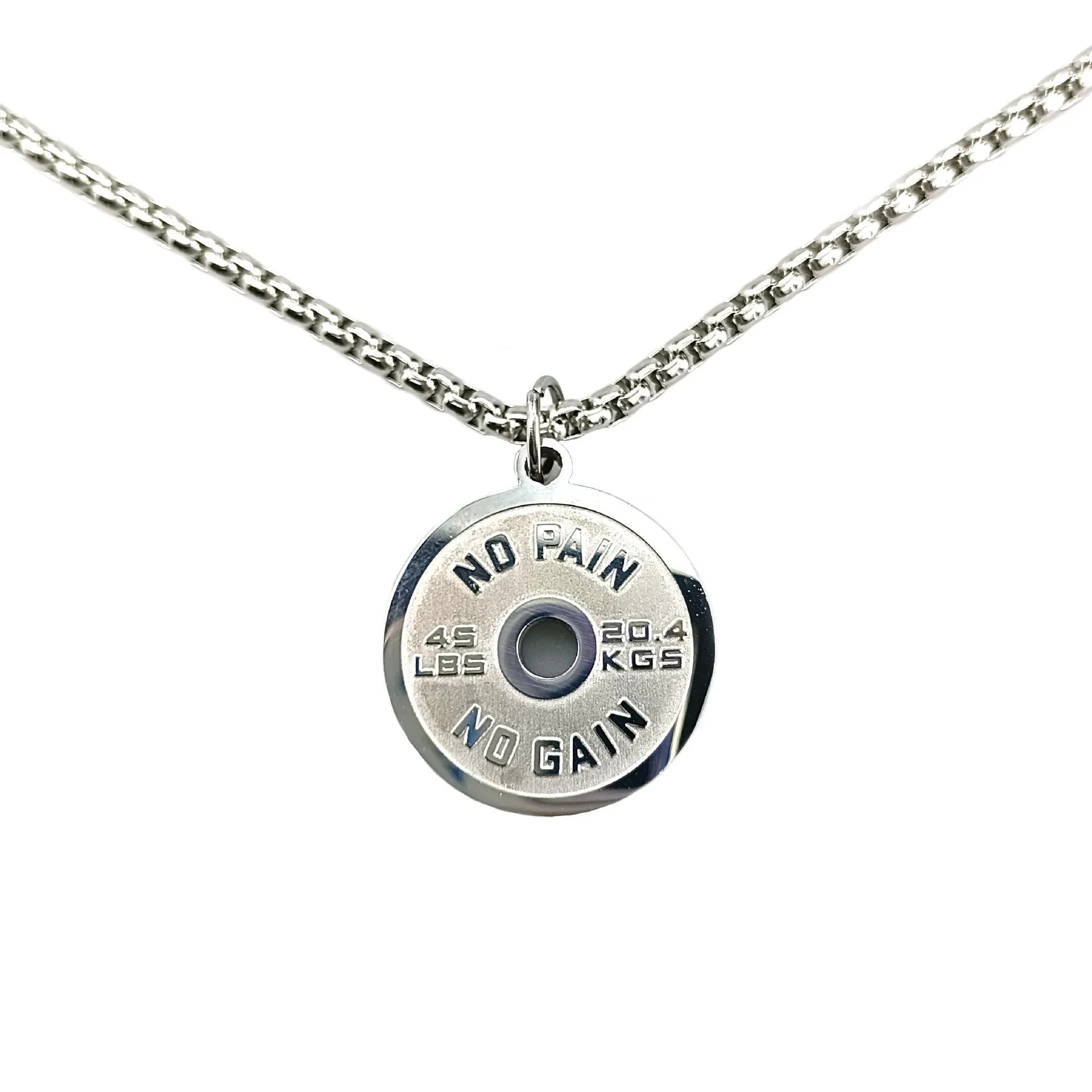 Stainless steel geometric barbell disk pendant necklace on a black chain, with gold and pearl chain options shown.