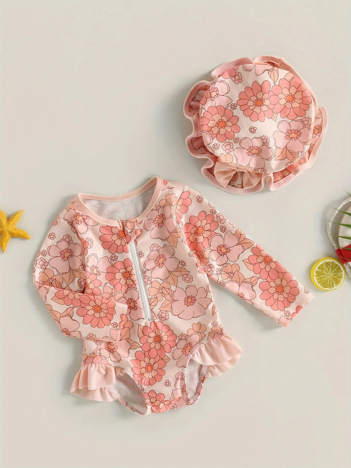 Baby girl one-piece swimsuit with matching hat in pink, light yellow or dark pink, sizes 6-9M to 2-3Y