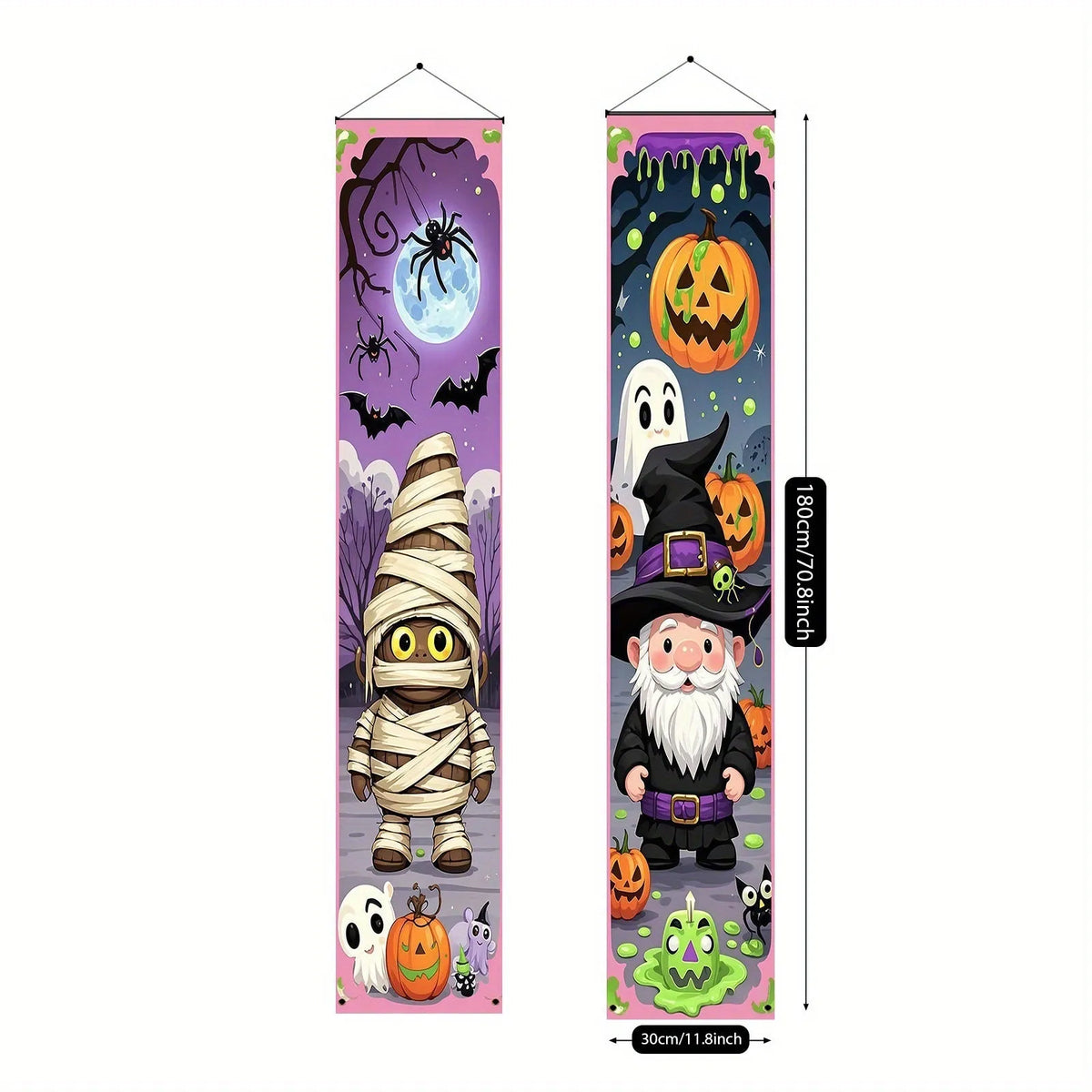 Pair of polyester Halloween couplet hanging flags measuring 30 by 180 centimetres for spooky decorations