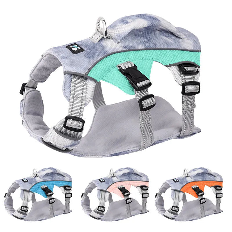Reflective pet cooling chest strap in polyester fabric available in multiple colours and sizes