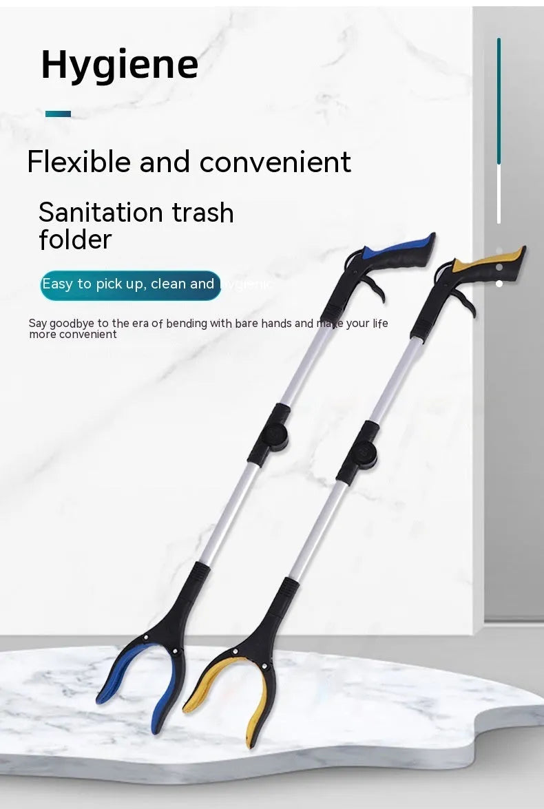 Foldable aluminum alloy garbage clamp with magnet sucker extended and folded showing blue yellow and orange handles