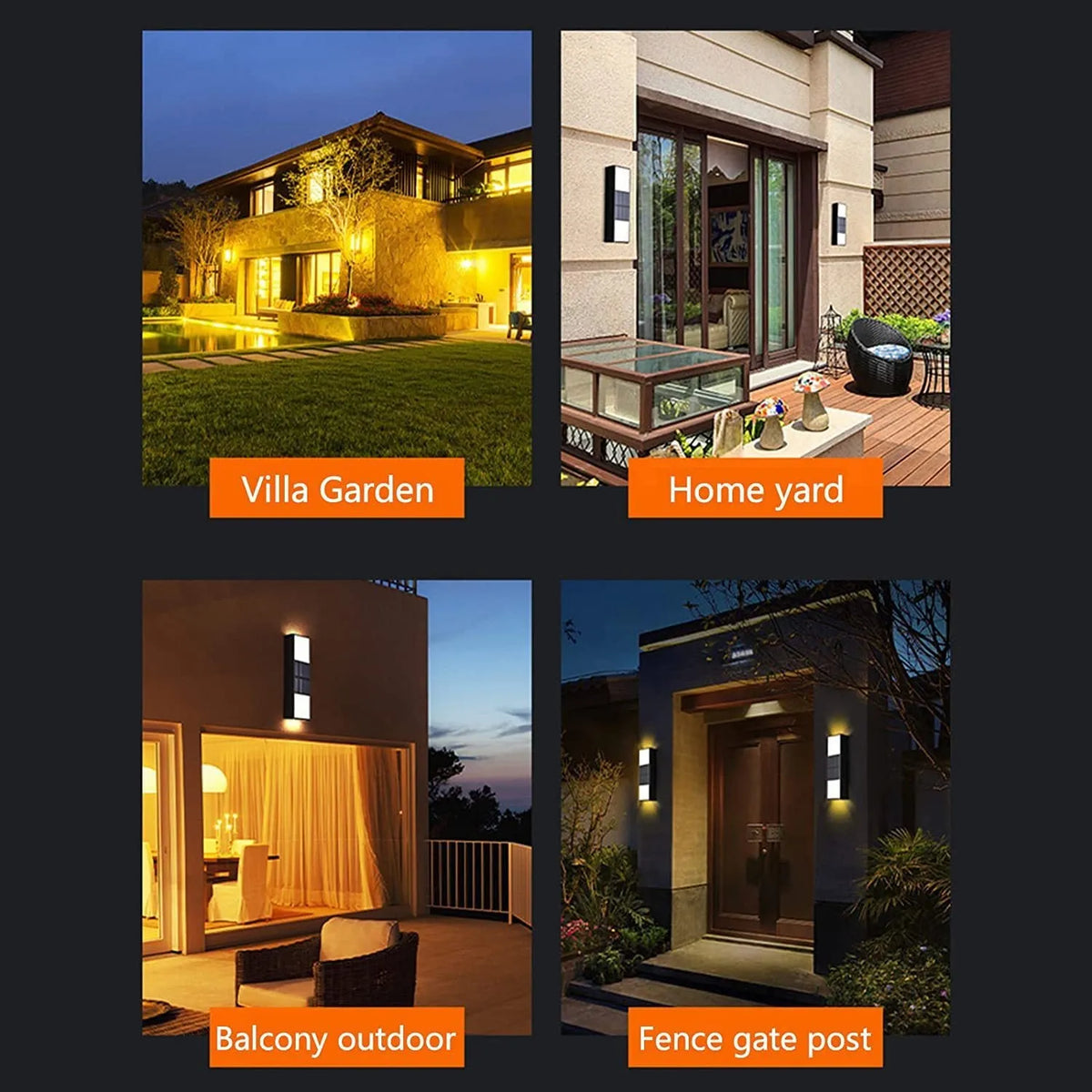 Solar outdoor wall lamp in ABS, 63 x 120 x 30mm, waterproof, bidirectional sensing, 20 lumen, warm or white light