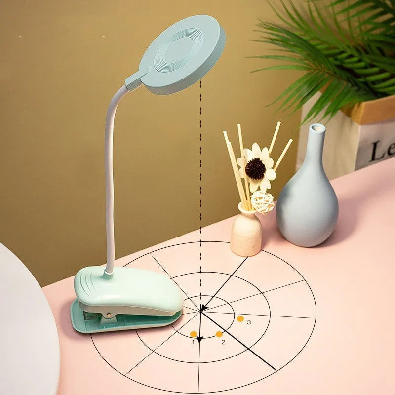 LED clip-on desk lamp with touch dimming, plastic shade, available in white, pink, or green.