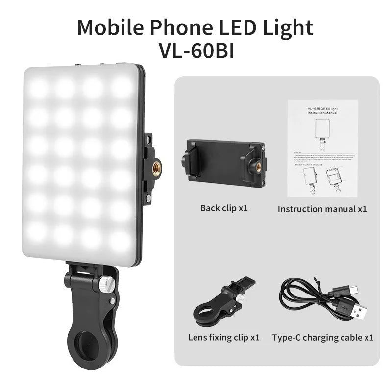 Clip mount LED fill light for mobile phone photography with compact design