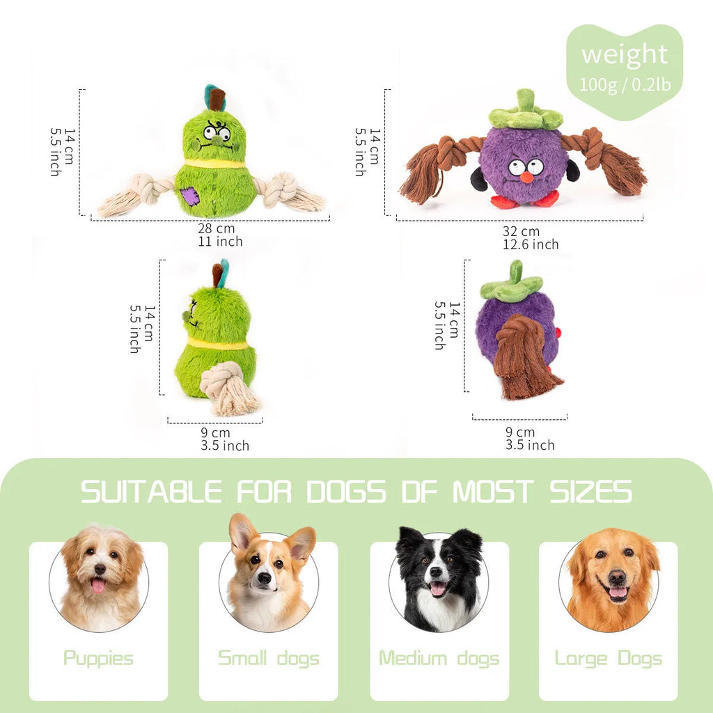 Green and purple interactive dog toy with plush rope knot for tug-of-war and dental cleaning features