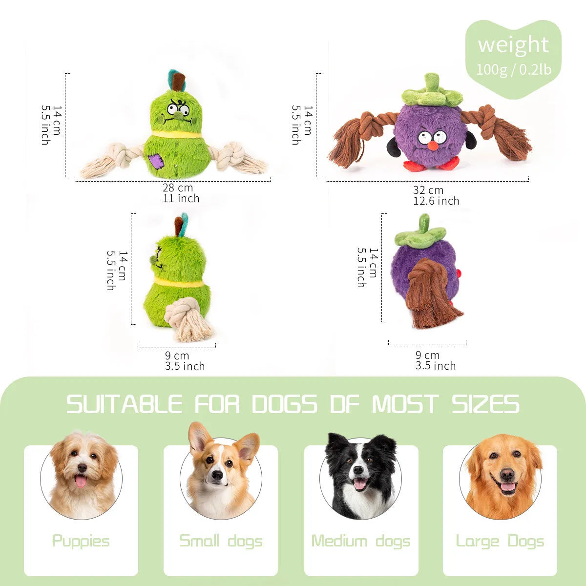 Green and purple interactive dog toy with plush rope knot for tug-of-war and dental cleaning features