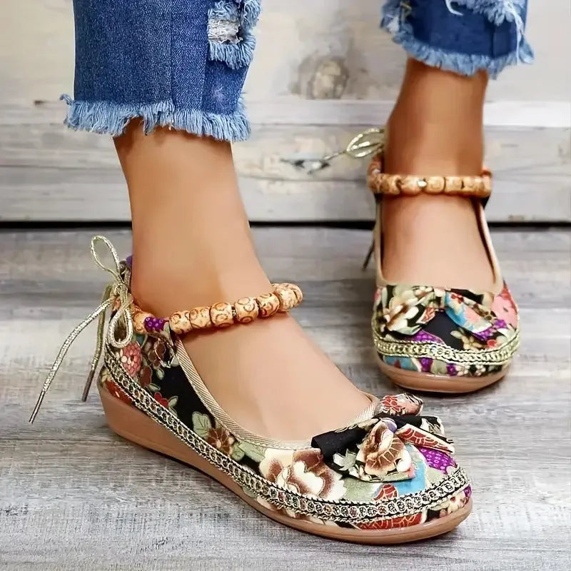 Women's black plus size ethnic platform sandals with elastic band fastening and cloth upper