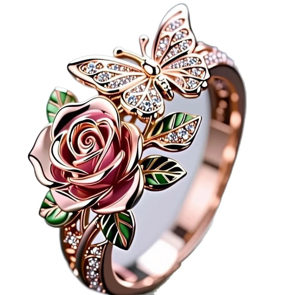 Adjustable butterfly ring with colourful oil drip design featuring floral and insect motifs