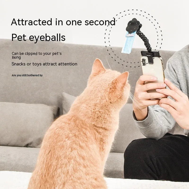 Black plastic pet photography mobile phone holder with treat clip and 360° rotation mechanism