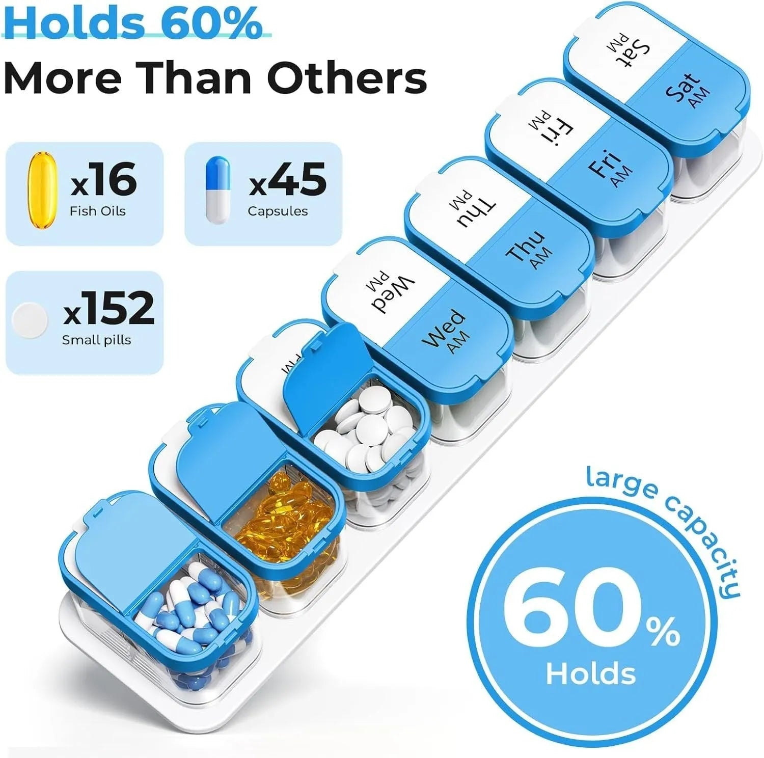 White and rainbow coloured portable pill box with 14 removable grid compartments, shown detached.