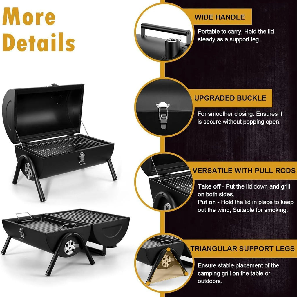 Small folding desktop charcoal barbecue grill with smoking device on a table.