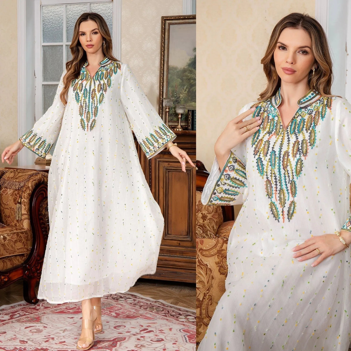 Women's white Arabic robe dress with long sleeves and floor-length skirt in polyester fabric
