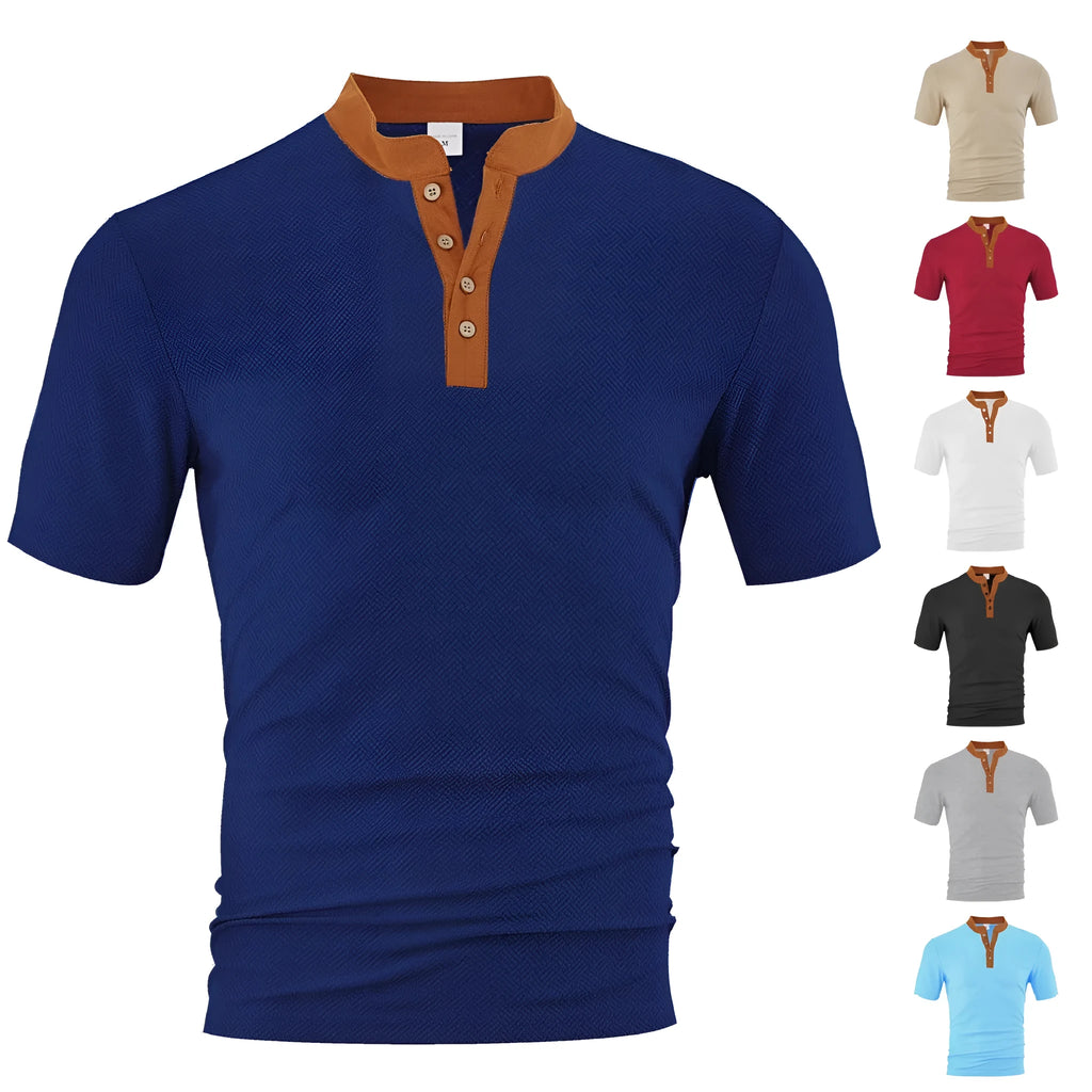 Men's loose fit short sleeve button-up shirt in polyester, available in six colours and sizes S to XXXL.