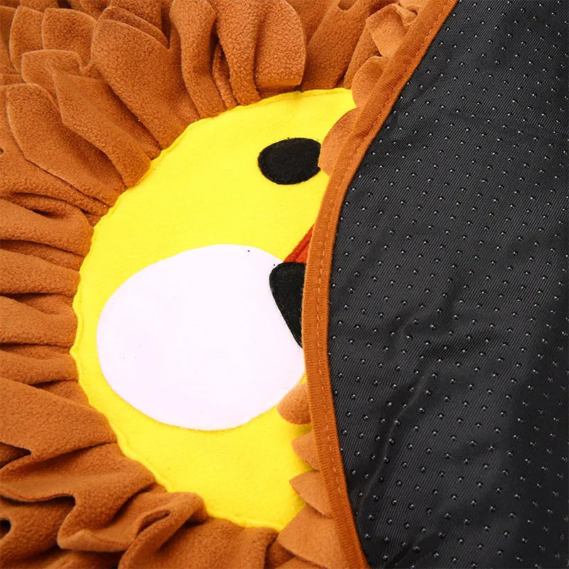 Brown lion design pet sniffing pad with textured fleece surface for hiding food