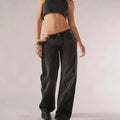 Blue loose straight wide leg cotton trousers with low waist and splicing detail on a hanger.