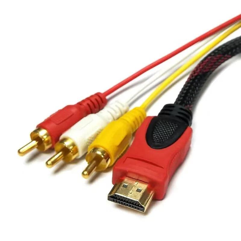 HDMI to AV15 M conversion cable showing HDMI plug and three-phono AV plug on a 1.5m cable