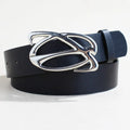 Silver buckle casual PU leather belt with snap button fastening, shown flat.