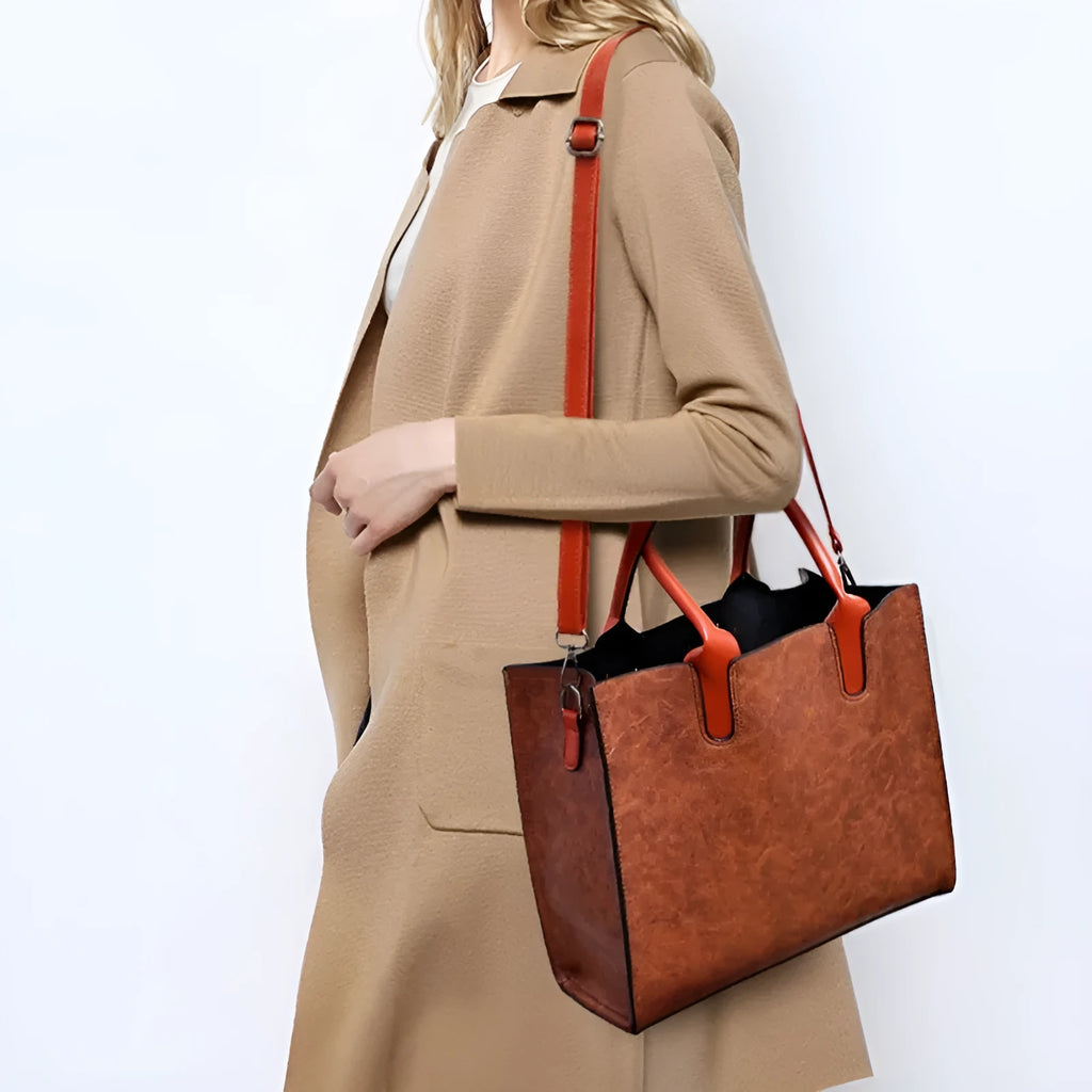Three-piece women's retro fashion bag set in solid colour PU material with shoulder strap