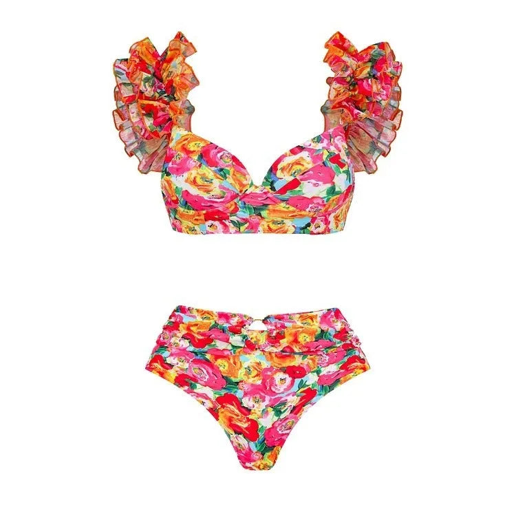 Women's floral print high waist push up bikini swimsuit for swimming