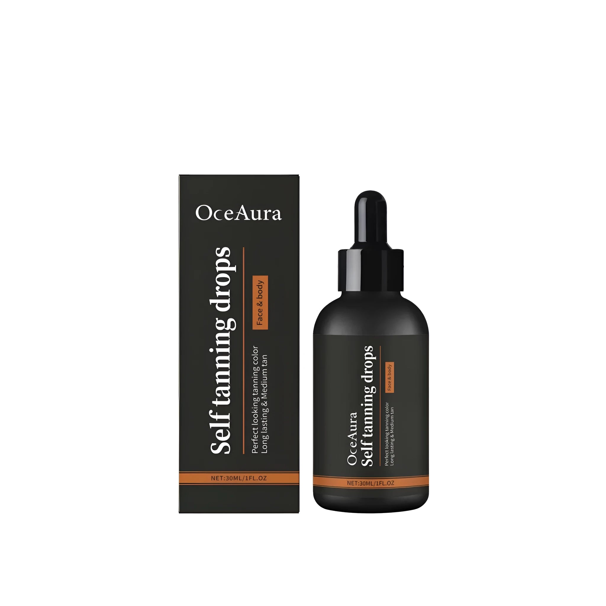 30ml bottle of water-based self-tanning drops with dropper for face and body application