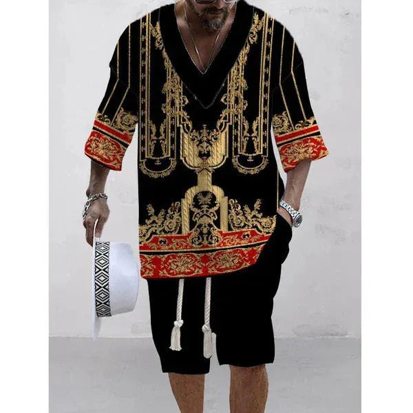 Men's loose casual two-piece suit set with short sleeve top and matching shorts