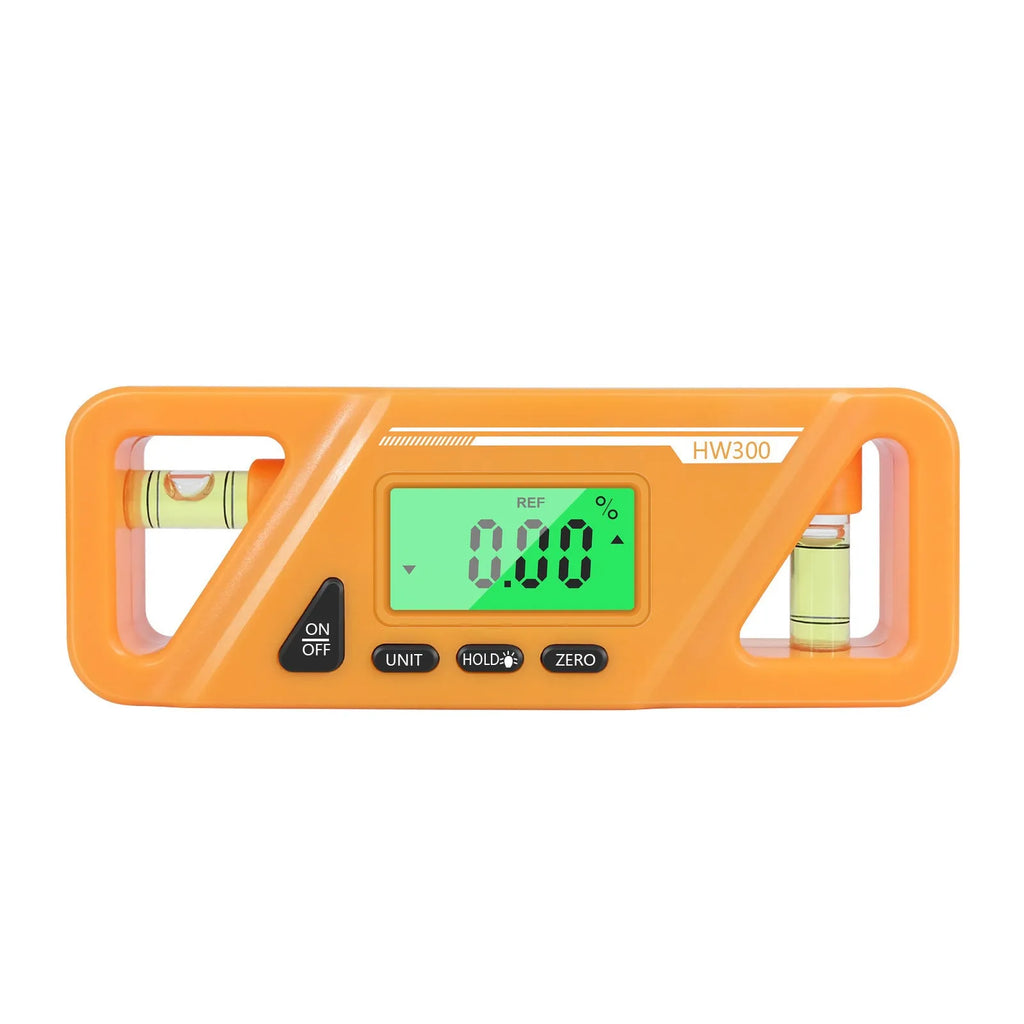 Black digital inclinometer level meter with magnetic base and LCD screen showing angle reading.