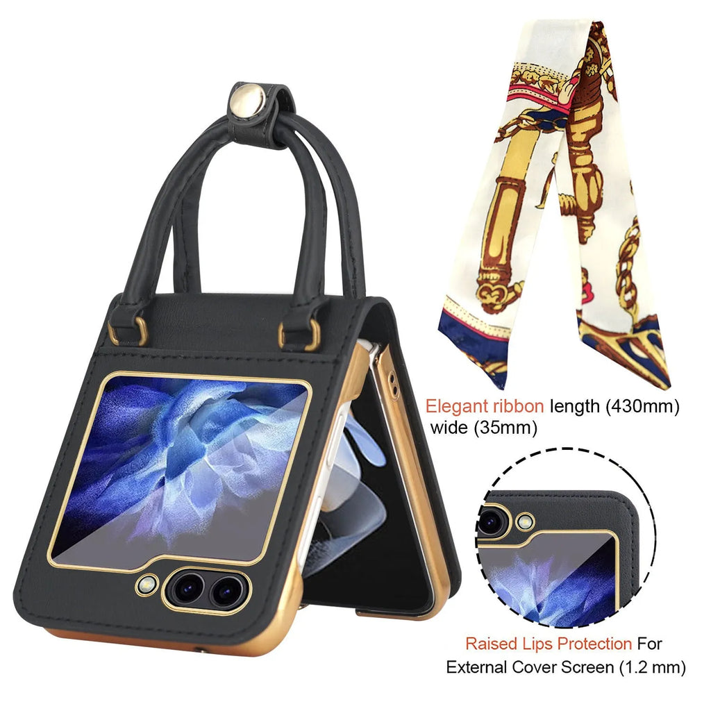Electroplated handbag phone case for Samsung Galaxy Z Flip 5 with ribbon ornament and hinge cover