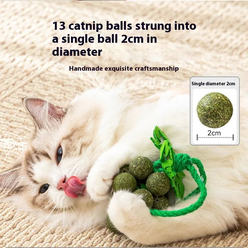 Cotton thread grape cluster cat teaser molar toy in mint, insect gall fruit, or mixed flavour