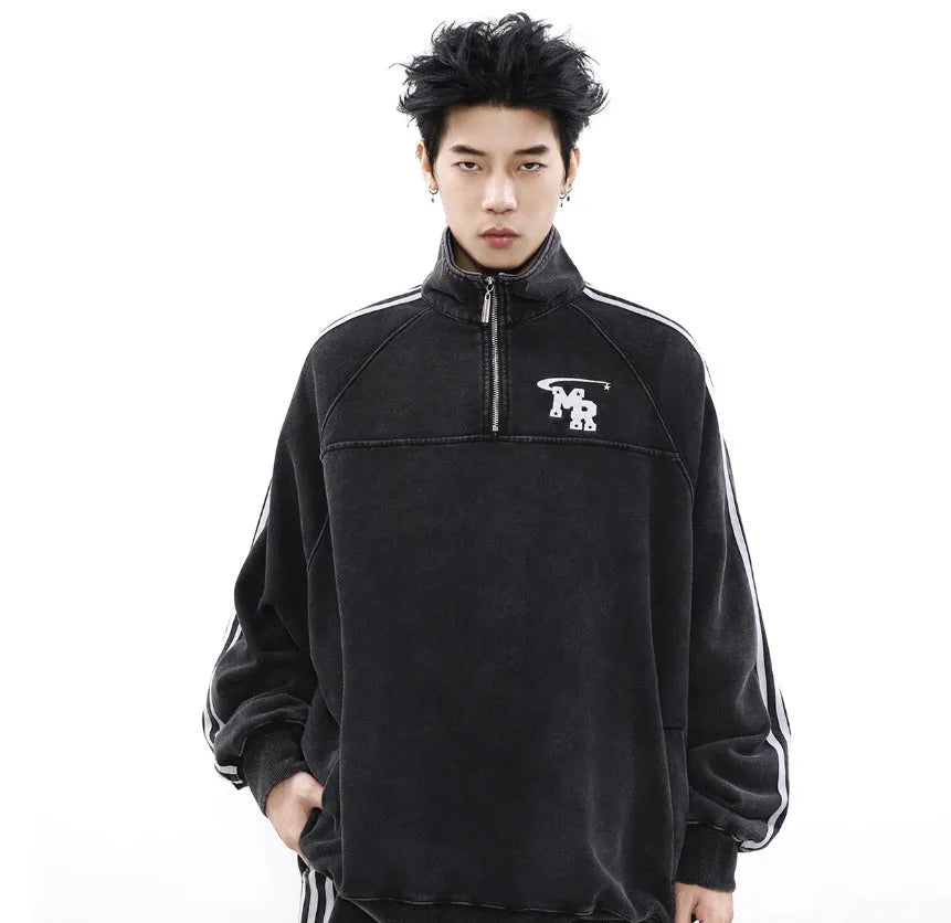 Black retro sports hoodie with stand collar and long sleeves