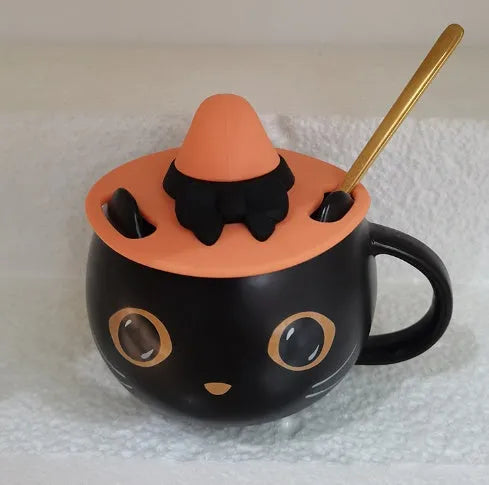 Black ceramic cat-shaped mug with covered spoon lid, 355ml capacity
