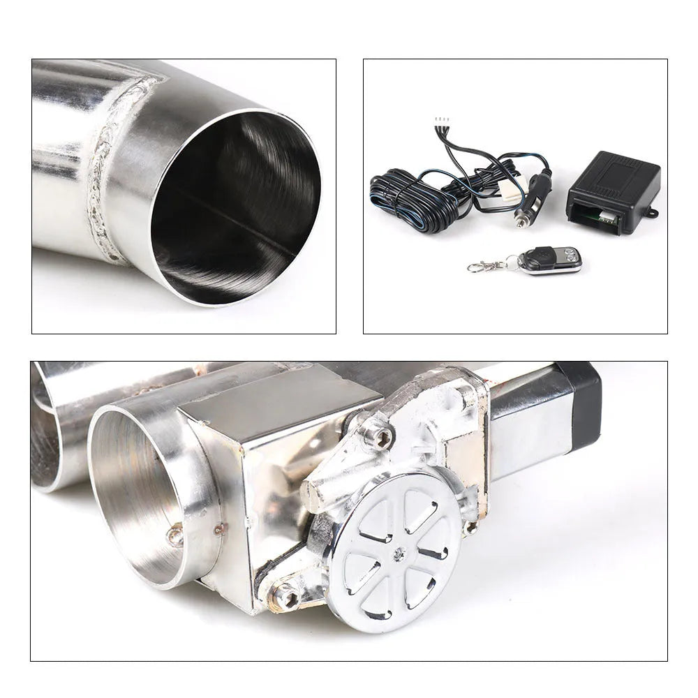 Silver stainless steel electronic control double valve exhaust pipe, 290mm length, shown for car modification use
