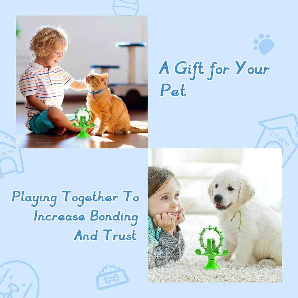 Blue interactive pet puzzle feeder toy with spinner and strong suction cup base.
