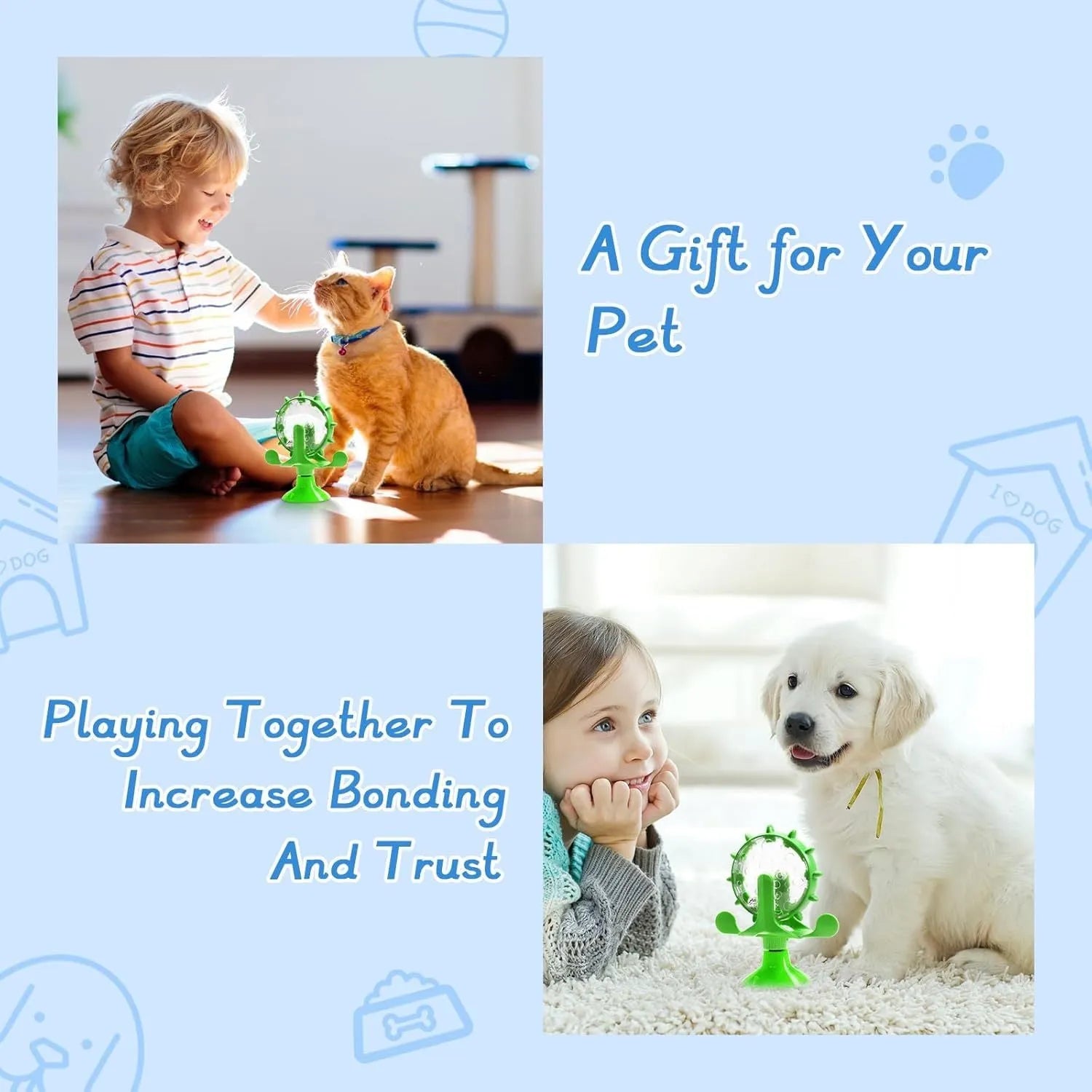Blue interactive pet puzzle feeder toy with spinner and strong suction cup base.