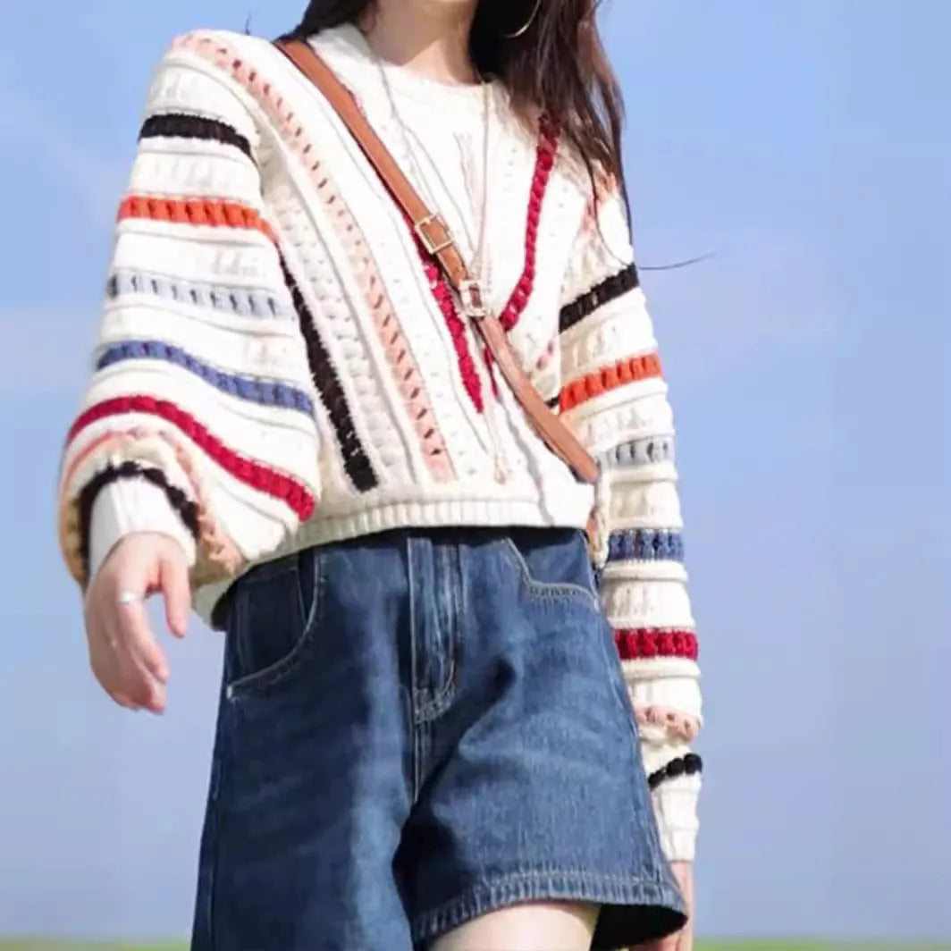 Rainbow striped hollow knit pullover sweater with batwing sleeves in loose fit casual style
