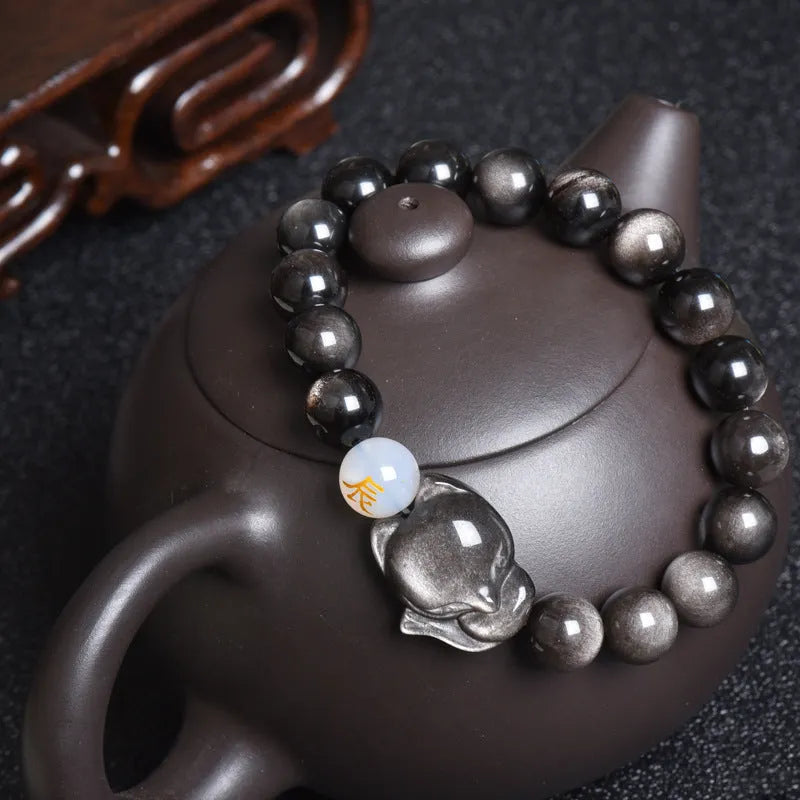 Obsidian national style bracelet with 10mm beads in three style variations