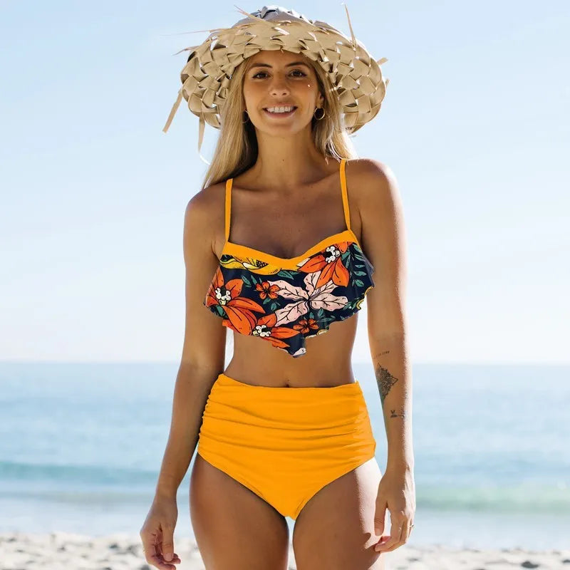 Women's green high-waist floral pleated pants swimsuit two-piece set for fitness and swimming
