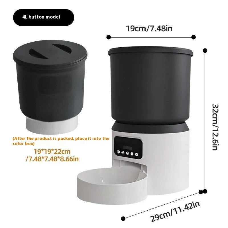 White 4L smart pet feeder with app interface on phone showing feeding schedule and pet camera view.