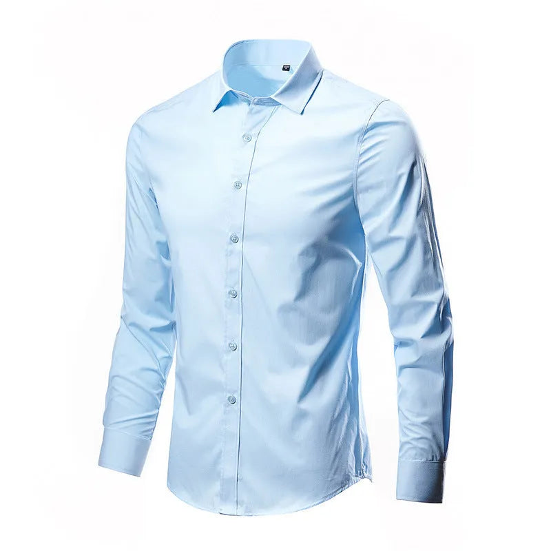 Men's long-sleeve linen shirt in a slim, loose fit on a hanger, shown in a navy blue colour.
