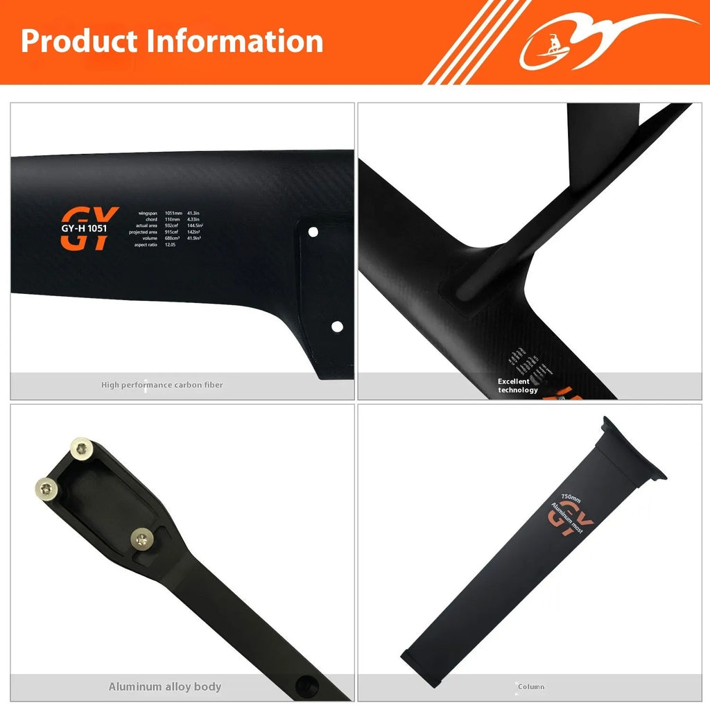 Black carbon fibre racing hydrofoil surfboard with aluminium mast and large front wing