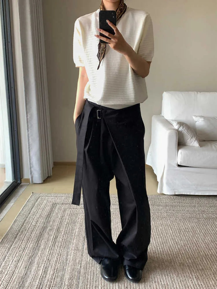 Black women's straight-leg trousers with adjustable waist and single pleat detail