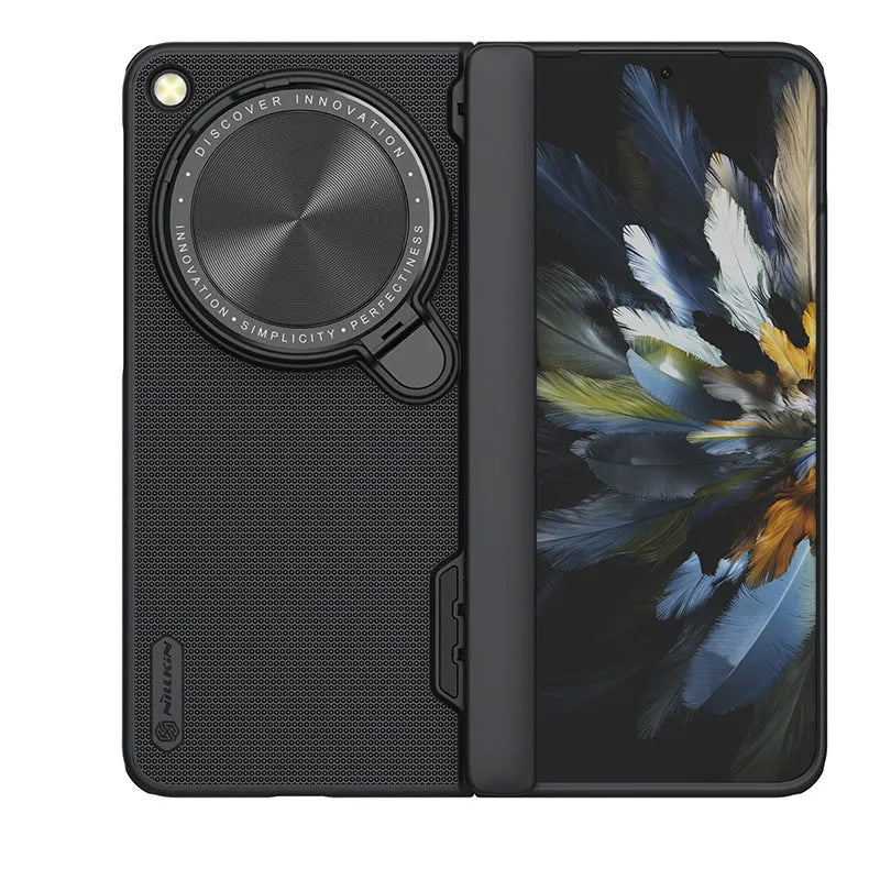 Frosted hard phone case for OnePlus folding phone with invisible metal bracket, in black, blue, or dark green.