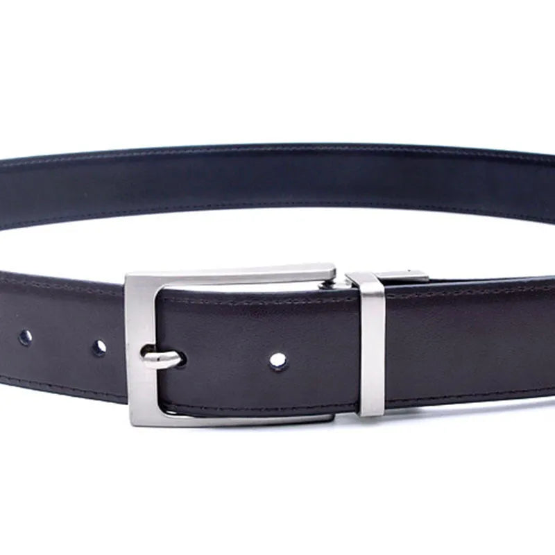 Men's brown and black genuine leather belt with rotating alloy pin buckle