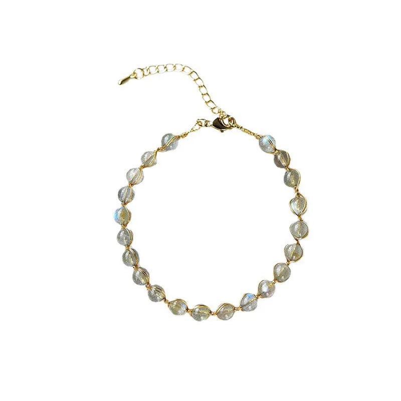 14K gilded natural crystal blue moonstone bracelet with 6mm stones and metal detailing